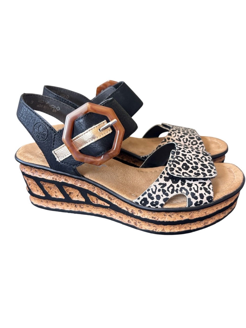 Rieker Anti-Stress Gift Animal Print Tan Black Wedge Platform Sandals Size 39